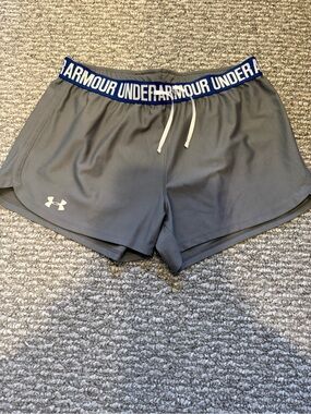 Under Armour Women's Gray Athletic Shorts with Branded Navy Waistband